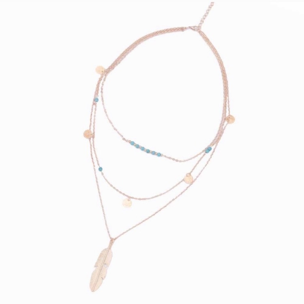 3 Layer Boho Feather Necklace Gold Tone - Picture 4 of 5